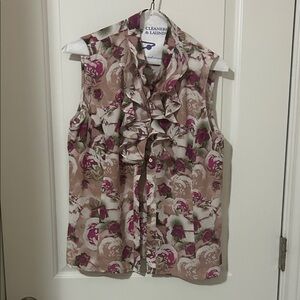 Tahari Floral Ruffle Sleeveless Blouse - Beige, Pink & Green